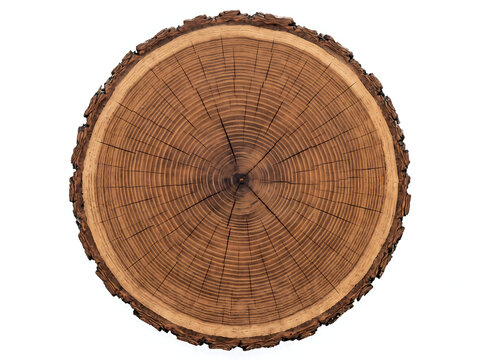 Round Wood Log Cross Section Slice with Annual Rings Isolated on White Background