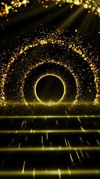 Glowing golden rings rise floor as sparkling particles swirl luxury stage. Elegant motion for awards, festivals, weddings, anniversaries, product reveals, gala events, premium branding, festive titles