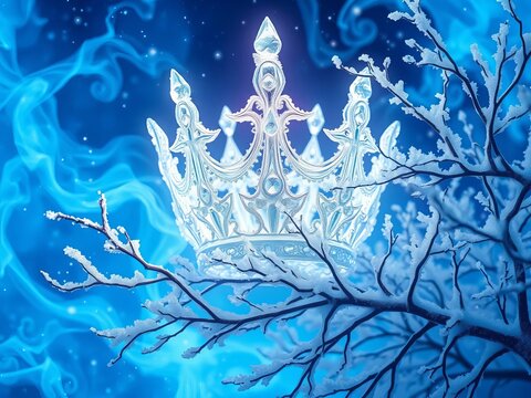 Ethereal ice crown glimmers amidst swirling frosty branches in mystical blue nebula, Ethereal, Frozen