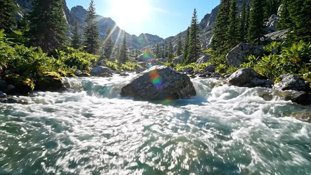 Mountain stream rushing through alpine forest under bright sunlight