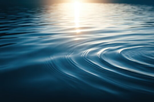 Sunlight shimmering across deep blue water with concentric ripples and gentle wave texture, creating a tranquil abstract aquatic surface viewed at close range outdoors