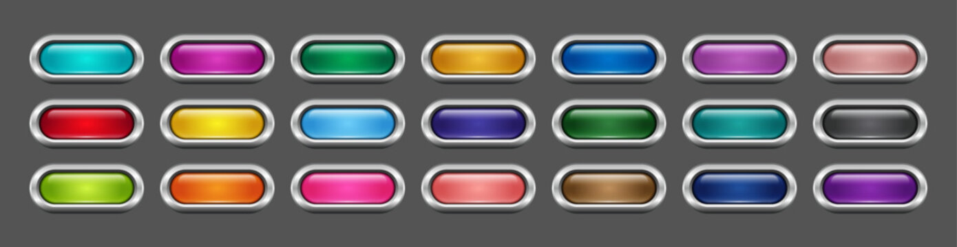Colorful glossy metallic UI buttons set with chrome borders and vibrant web design elements, Editable AI file