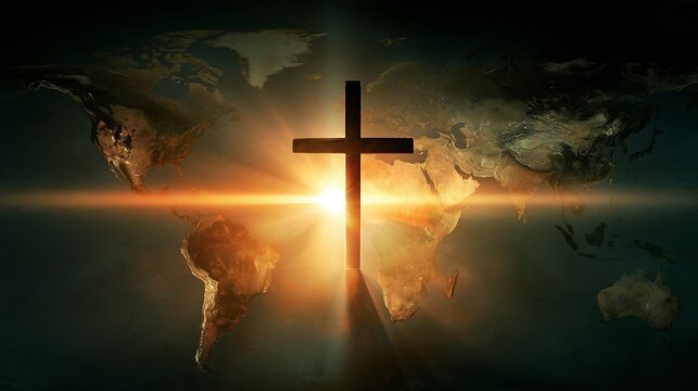 Global faith represented by a cross at sunrise over a world map