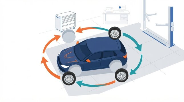 The tire rotation process for vehicles in a busy car maintenance garage. Tools are visible in the workspace.