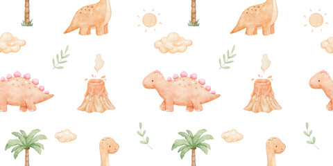 Obraz premium Watercolour seamless pattern with cute baby dinosaurs. Repeating nursery background for textiles and paper. Backdrop with prehistoric animals for kids