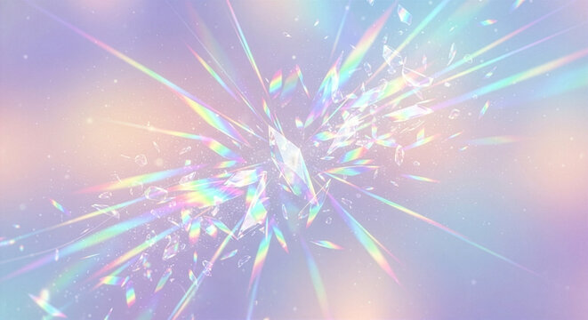 Dynamic pastel gradient background with central prismatic light burst and exploding rainbow crystal shards, shimmering glitter for luxury beauty banner and digital design, 3D render