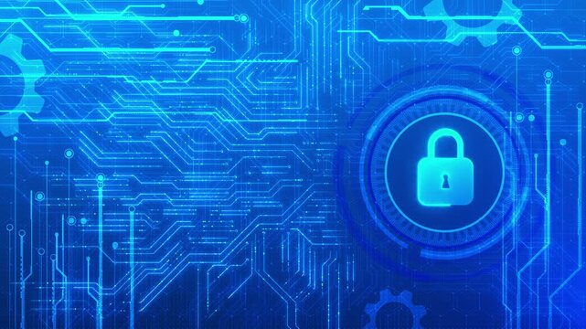Security lock circular interface glow electronic network. Technology privacy, authentication, password safety, hacking prevention, information, enterprise system, internet security, cyber defense.