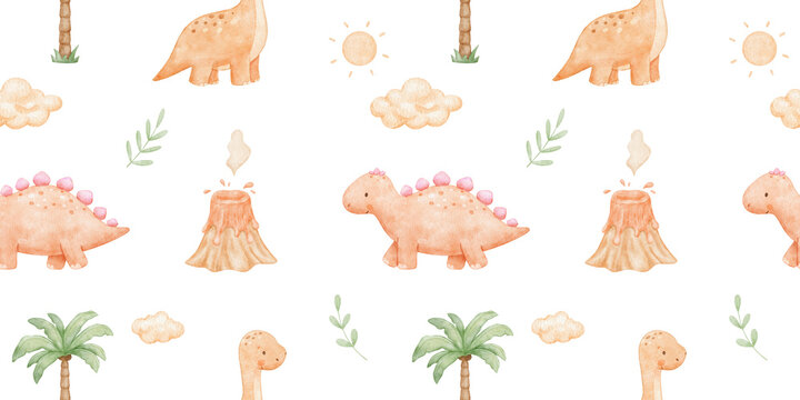 Watercolour seamless pattern with cute baby dinosaurs. Repeating nursery background for textiles and paper. Backdrop with prehistoric animals for kids