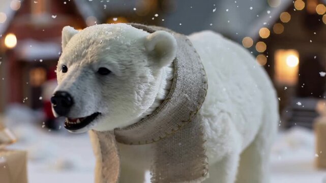 Walking white polar bear toy with beige scarf in mini village as camera nears, inspecting gifts
