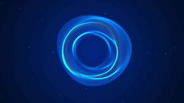 Neon cyan loops rotate central circle particles dark blue space. Dynamic for virtual interfaces, futuristic branding, electronic music, sci-fi scenes, gaming, transitions, and modern presentations.