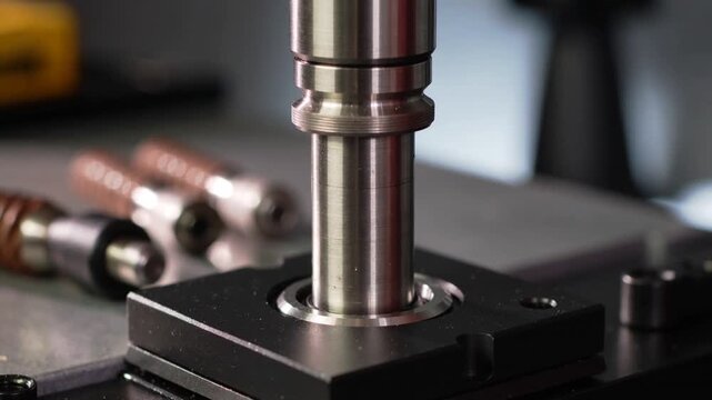 Lowering polished shaft into bench mounting plate, knurled collar pushing down to seat part