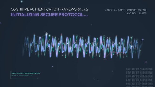 Futuristic HUD interface of a cognitive authentication framework analyzing neural signatures and verifying cryptographic hashes to unlock a secure digital vault with quantum encryption protocols