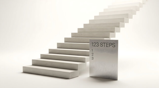A 123 steps concept showing a staircase going up with a metal sign displaying numbers 1, 2, and 3