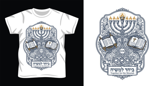 Messianic jewish emblem with menorah and cross in ornate vintage style for apparel design.