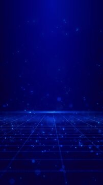 Blue particles float digital grid stretching Futuristic motion for artificial intelligence, data network, cyberspace, cloud computing, finance, science, innovation, analytics, technology presentations
