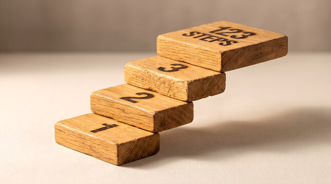 A conceptual photograph of 123 steps made of wooden blocks on a neutral background representing success and growth
