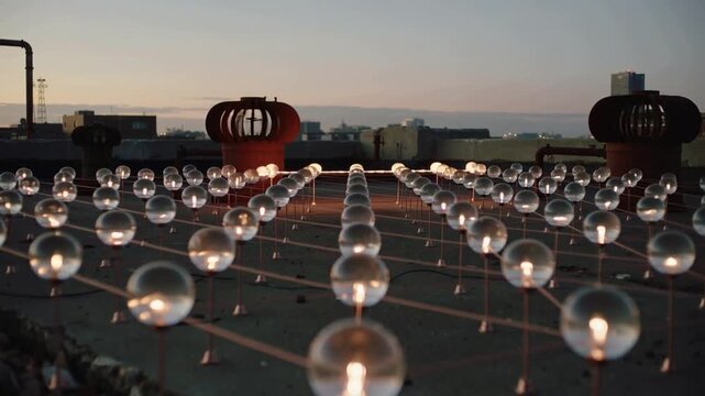 Lighting grid glass spheres from center outward rooftop dusk, creating pattern and revealing vents
