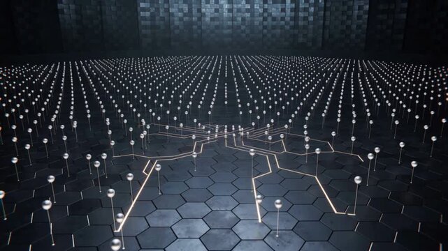 Starting central node sending glowing circuits camera pulling back metal spheres lighting hex floor