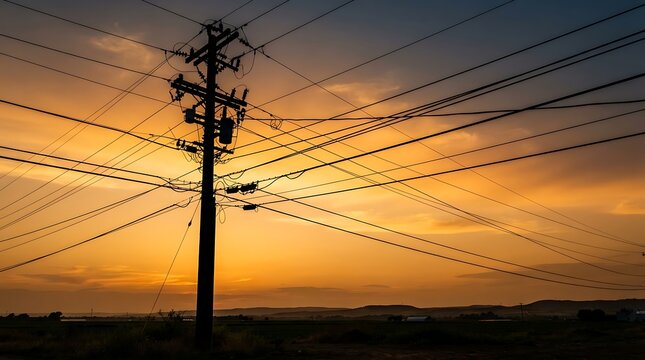 Silhouette of a utility pole with power lines against a vibrant orange sunset sky over a rural landscape
