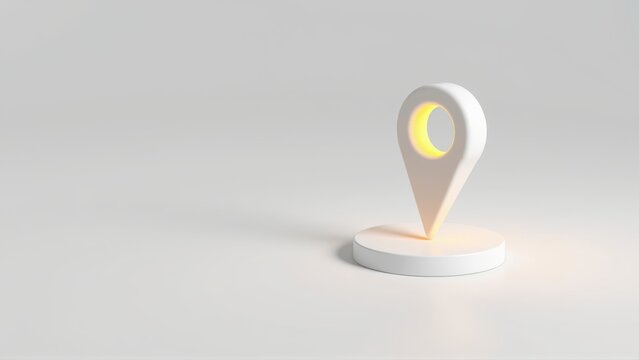 Minimalist white location pin glows softly. Simple design emphasizes pinpoint accuracy, navigation concept. Clean background creates focus.