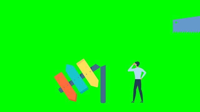 Man cuts direction sign, a pointer with a saw. Concept of confusion, no landmarks. Entrepreneur chooses the path. Businessman is thinking near the direction indicator. 2d flat animation. Alpha channel