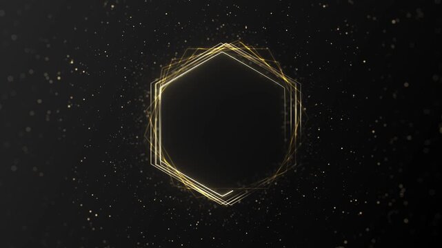 Radiant polygon lines form golden portal sparkling dust bokeh. Dramatic abstract for jewelry advertising, fashion promotions, festive openers, anniversary corporate event, upscale presentations.