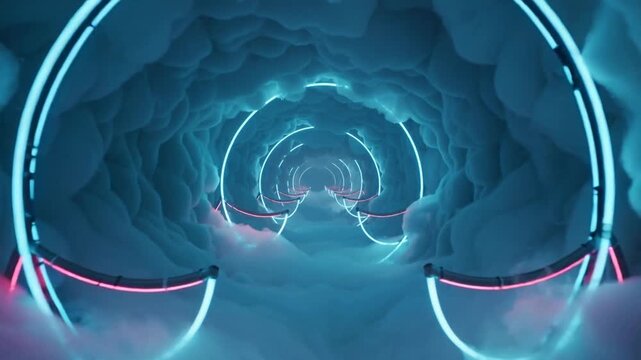 Camera pushing forward through neon ring tunnel, revealing glowing rails and fog to emphasize depth