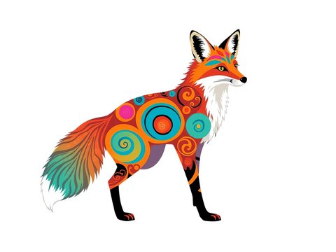 Vibrant fox with swirling geometric patterns struts across light background, showcasing artistic flair and colorful charm, visual effects, colors