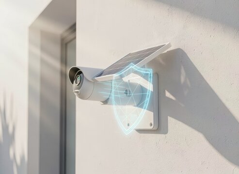 Modern security camera mounted on a white exterior wall