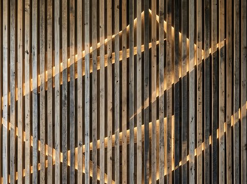 Modern interior wall design with vertical wooden slats and integrated warm led strip lighting forming a geometric zigzag pattern for contemporary decor