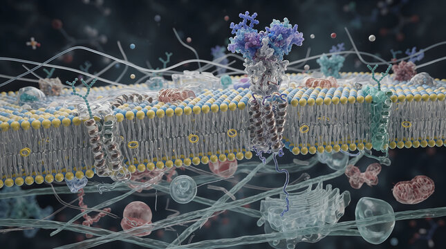 A detailed 3D scientific rendering of the ace2 receptor embedded in a human cell membrane bilayer