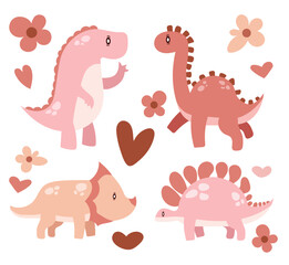 Pink Dinosaur and Flower Set Illustration © kazanma73