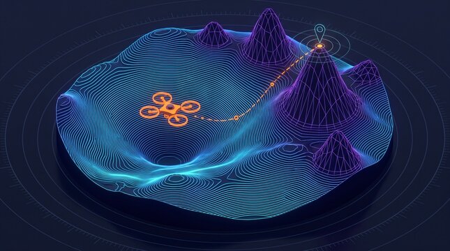 Autonomous Quadcopter Drone Navigating Limestone Karst Topography Wireframe Mesh Over Sinkhole Dolines And Conical Peak Valleys On Curved Holographic Aviation HUD Telemetry Dark Glass Display