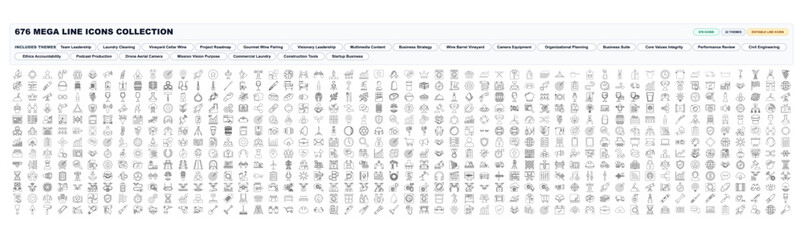 Obraz premium 676 Mega business line icon set collection with editable stroke. Team leadership, project roadmap, startup, corporate management for web ui design.