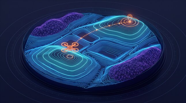 Autonomous Quadcopter Drone Navigating Tailings Dam Topography Wireframe Mesh Over Mining Impoundment Slopes And Decant Ponds On Curved Holographic Aviation HUD Telemetry Workstation Glass Console