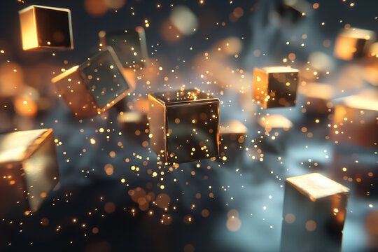 Abstract scene of metallic gold cubes floating in a dark space with sparkling dust particles metallic floating particles abstract geometry reflection rendered
