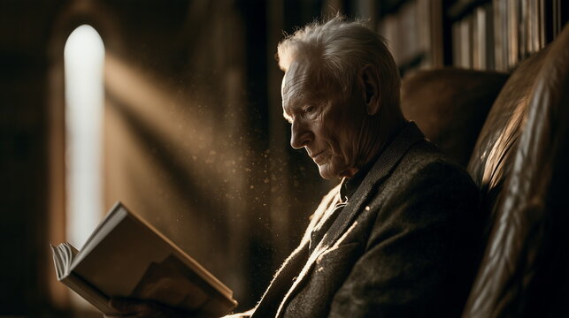 A cinematic portrait of an elderly gentleman deeply engrossed in reading within a classic study, illuminated by sunlight and visible dust motes.