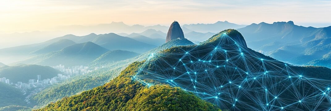 Digital Network Connectivity Overlay on Tropical Mountain Landscape of Rio de Janeiro Brazil Scene