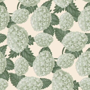 Floral illustration featuring green hydrangea blooms and leaves arranged in a seamless pattern on a light beige background for textile or wallpaper design