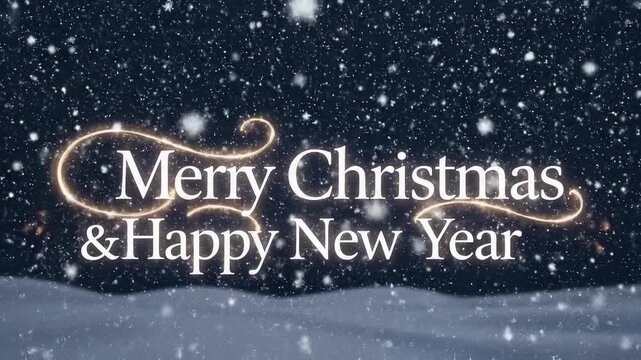 Merry christmas greeting with golden fireworks and snowflakes