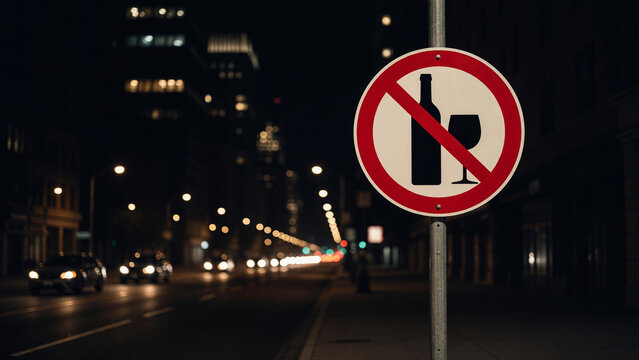 No alcohol sign on urban street at night, public drinking prohibition and responsible consumption
