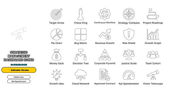 Strategic management line icon set with editable stroke. Target arrow, chess king, continuous workflow, strategy compass, project roadmap, pie chart, bcg matrix, revenue growth for web ui design.