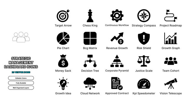 Strategic management flat icon set. Target arrow, chess king, continuous workflow, strategy compass, project roadmap, pie chart, bcg matrix, revenue growth symbols for web app ui design.