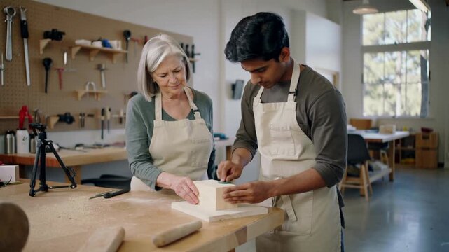 Placing block mentor steadying as student sanding edges teaching in shop with sanding block aproned