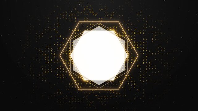 Luxury golden polygon frame central copy space black shimmering dots particles. award titles, elegant invitations, greetings, product reveals, weddings, branding, and premium event presentations.