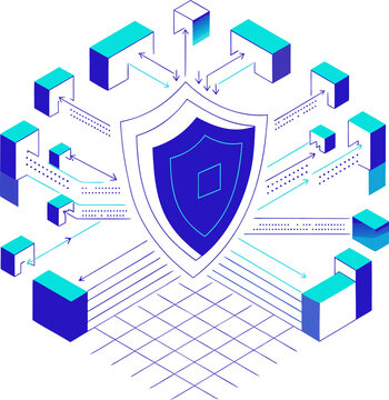Cyber Security and Cloud Data Architecture Vector Infographic, Network Protection and Server Flow Diagram for IT Presentation
