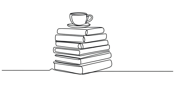 Continuous single line drawing of a stack of books with a coffee cup on top
