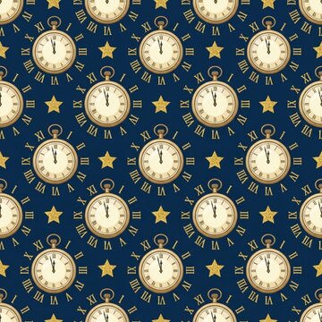 Seamless Pattern of Vintage Gold Pocket Watches and Glittery Stars on Navy Background