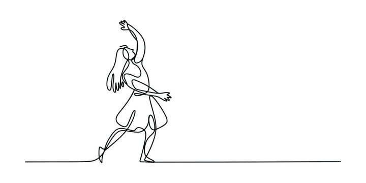 Continuous single line drawing of a dancing woman in a summer dress moving gracefully