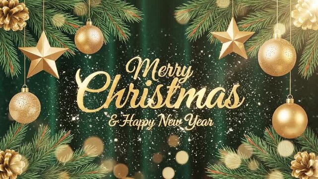 Merry christmas and happy new year festive illustration with gold ornaments and pine branches